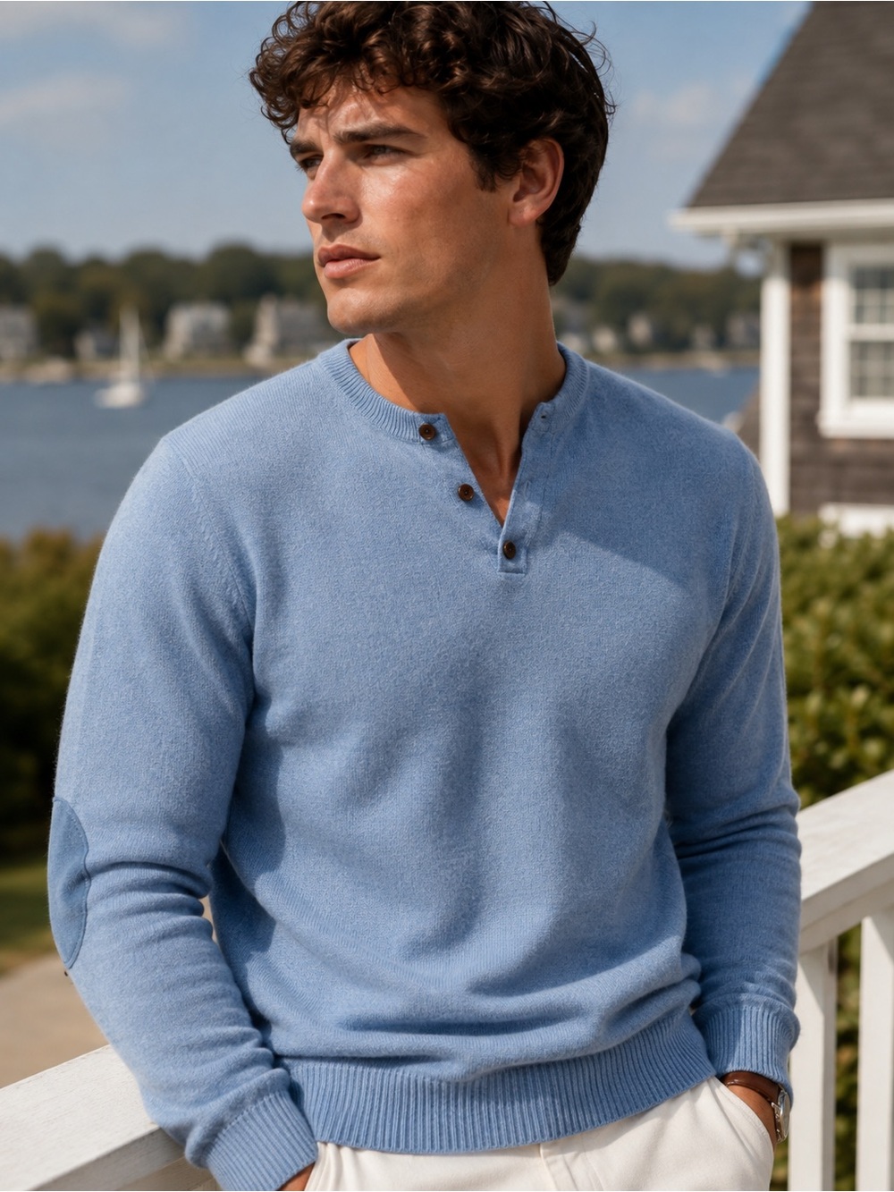 Raffi Men’s Merino Wool Cashmere Henley Sweater Blue Elbow Patch M